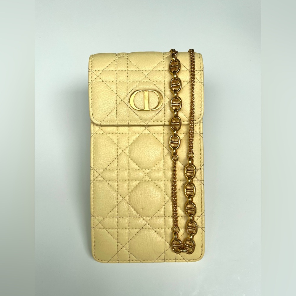 Lady Dior Caro Butter Yellow Phone and Card Crossbody bag with CD Gold Chain